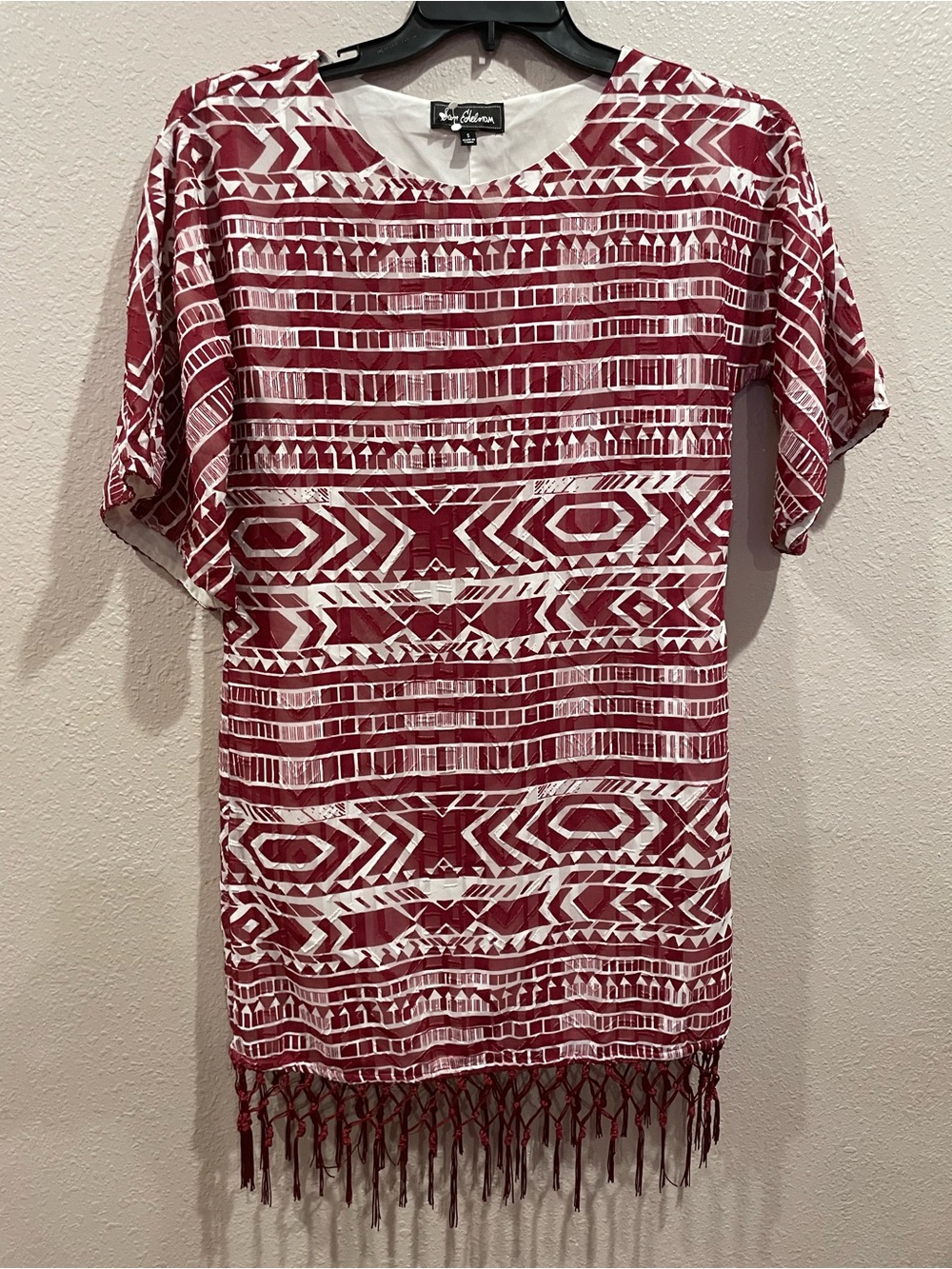 Sam Edelman Red & White Geometric Fringe Short Sleeve Shirt